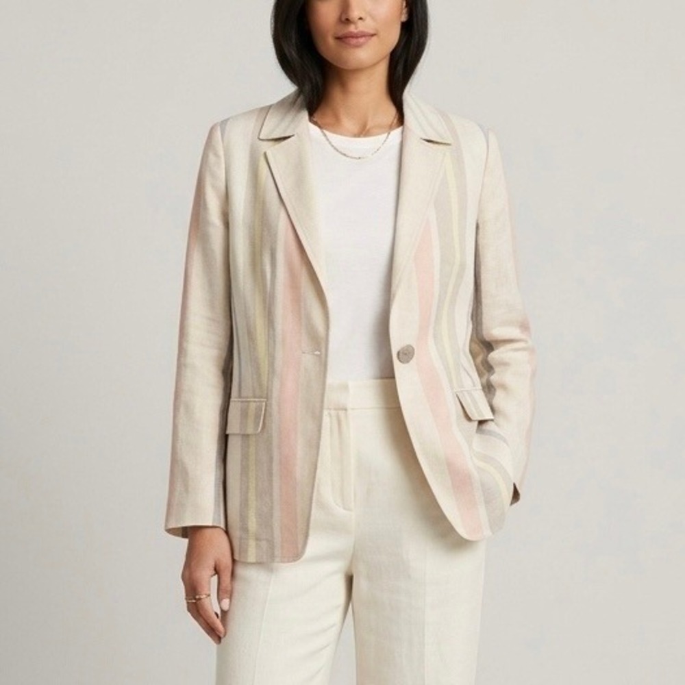 Lafayette 148 New York Pastel Stripe 100% Linen Single Button Blazer Size 8